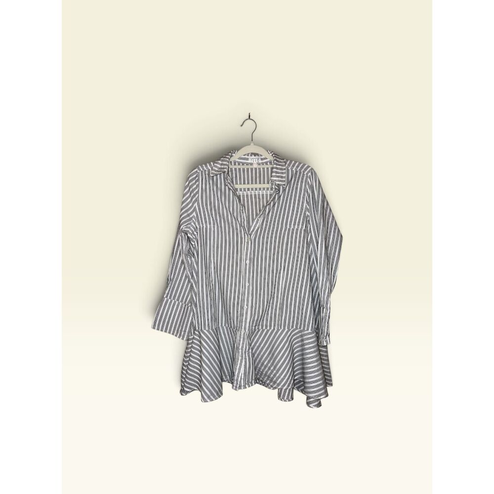 TCEC Women's Striped Ruffle Hem Button Down Tunic Shirt 100% Cotton M